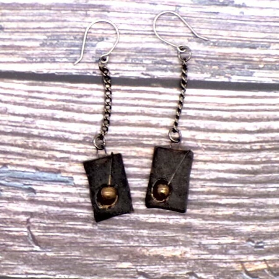 Artisan Ceramic Dangle Earrings Black Bronze Ball, Titanium Wires