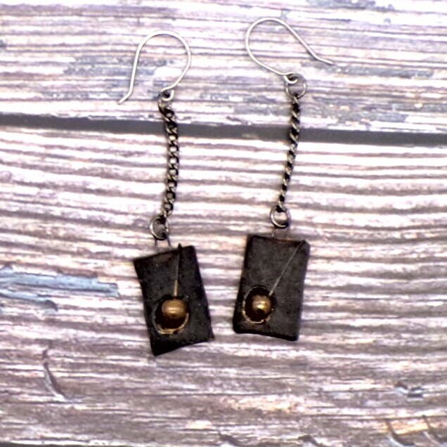 Artisan Ceramic Dangle Earrings Black Bronze Ball, Titanium Wires