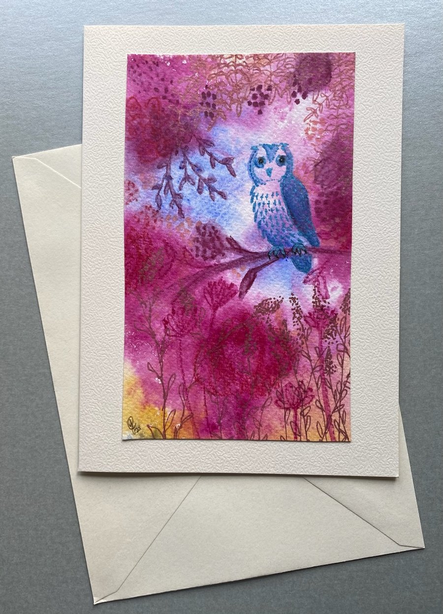 Hand painted Colourful owl card