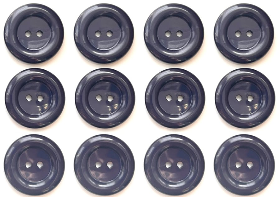 12 Navy Blue 23mm Clown-Style Buttons, Ring Edge, Dish, Glossy Finish