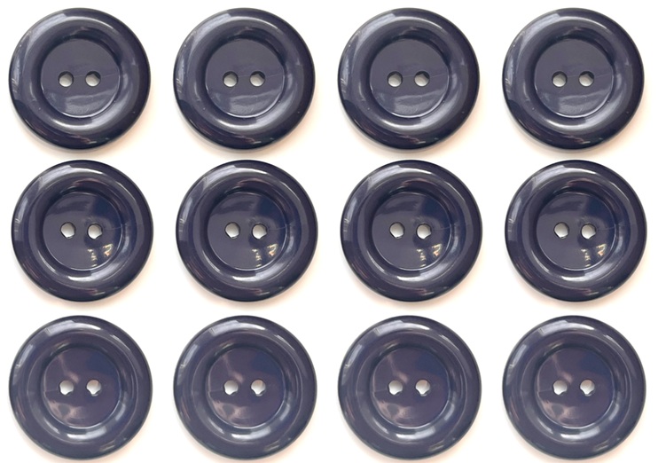 12 Navy Blue 23mm Clown-Style Buttons, Ring Edge, Dish, Glossy Finish