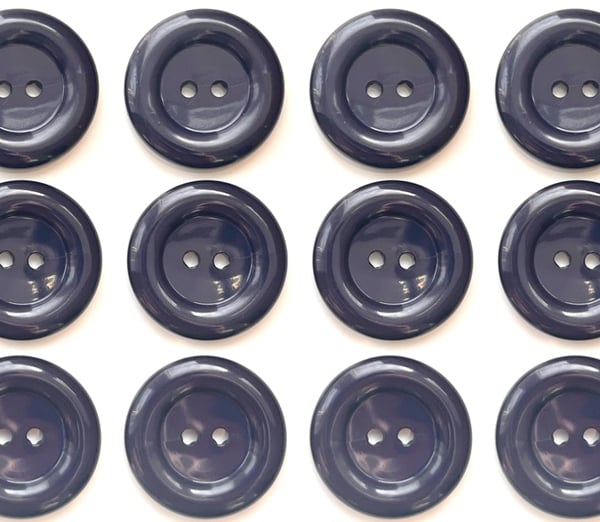 12 Navy Blue 23mm Clown-Style Buttons, Ring Edge, Dish, Glossy Finish