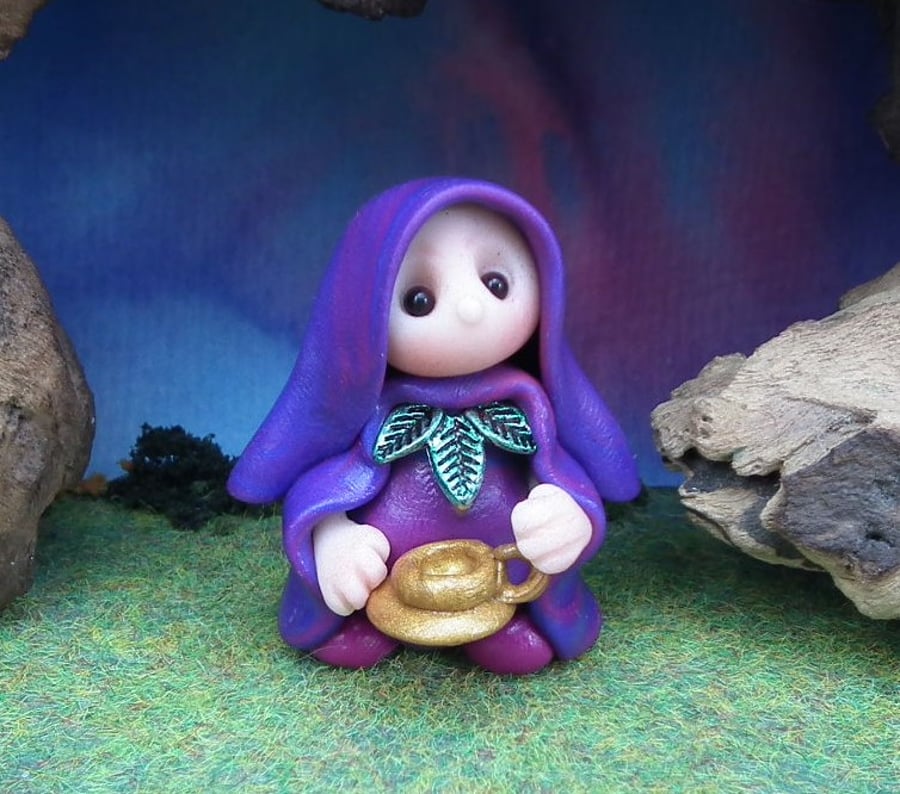 Tiny Gnome 'Ami' with teacup 1.5" OOAK Sculpt by Ann Galvin