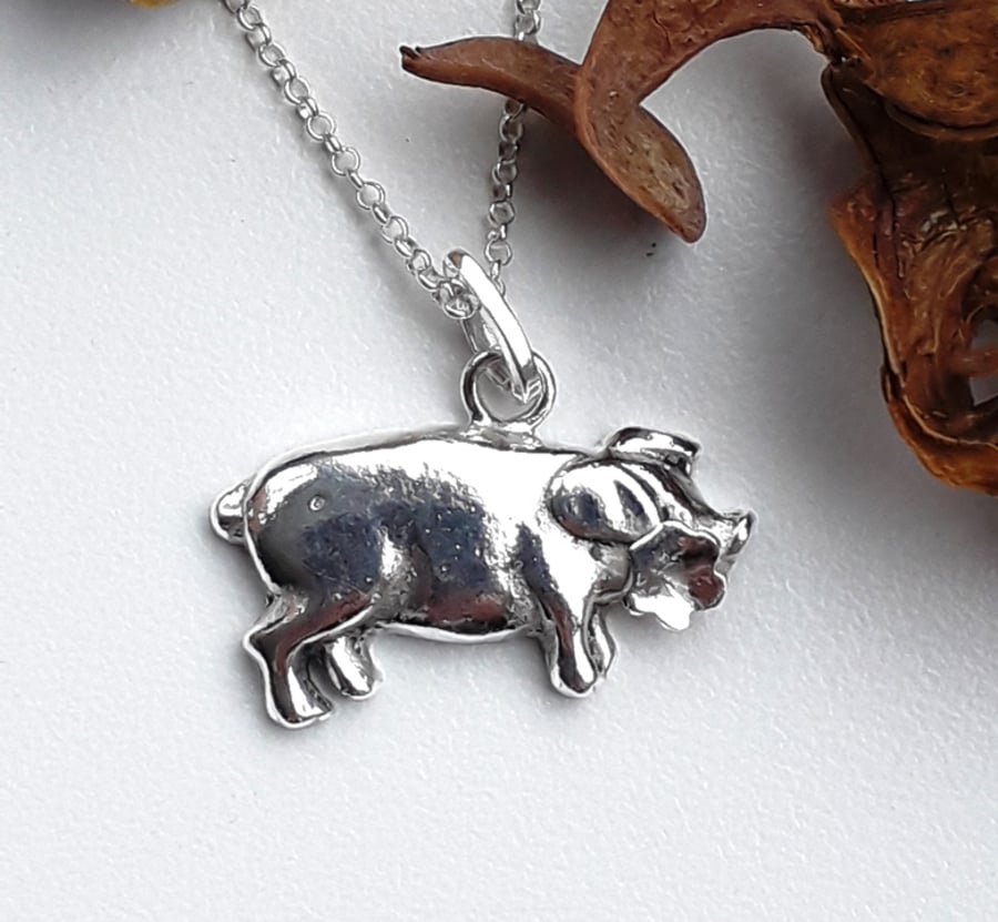 Pig Necklace Farm Animal Pendant with flower detail sterling silver Hallmarked