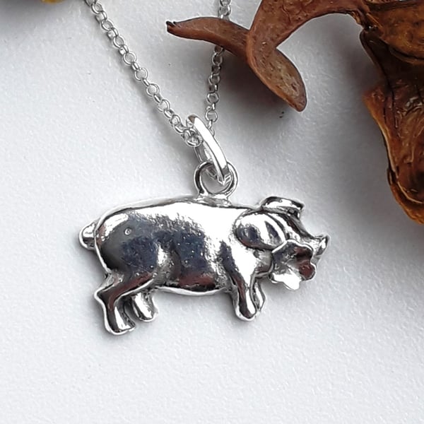 Pig Necklace Farm Animal Pendant with flower detail sterling silver Hallmarked