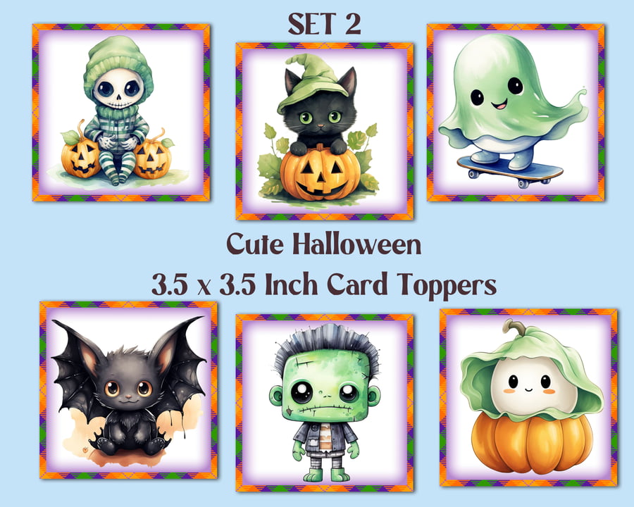 Cute Halloween Square Card Toppers for Card Making, Tags, Journals, Scrapbooks