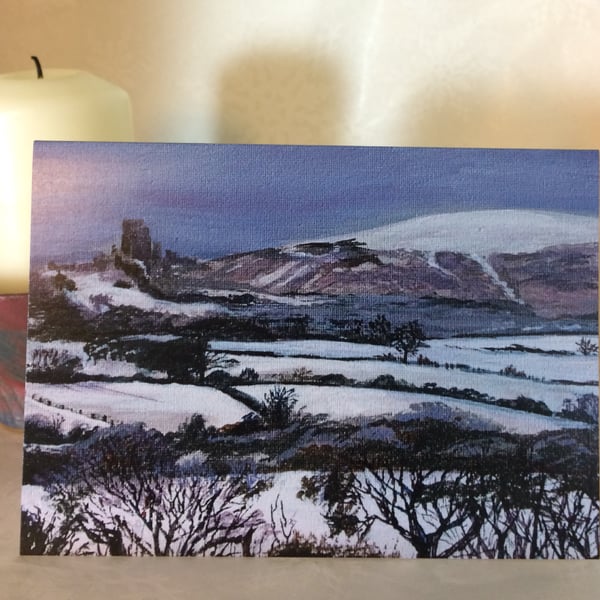 Card - Snowy Sunrise Over Corfe Castle