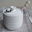 Perfectly Imperfect- Ceramic honey pot with bee and wooden honey dipper