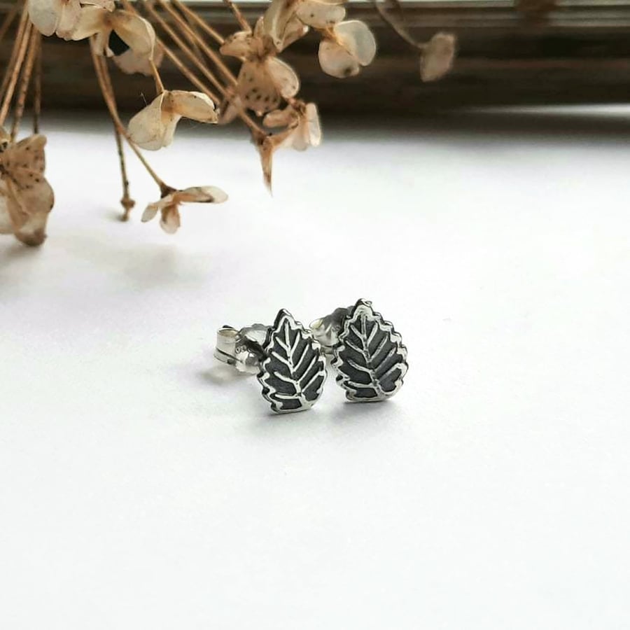 Sterling Silver Leaf Stud Earrings - Oxidised