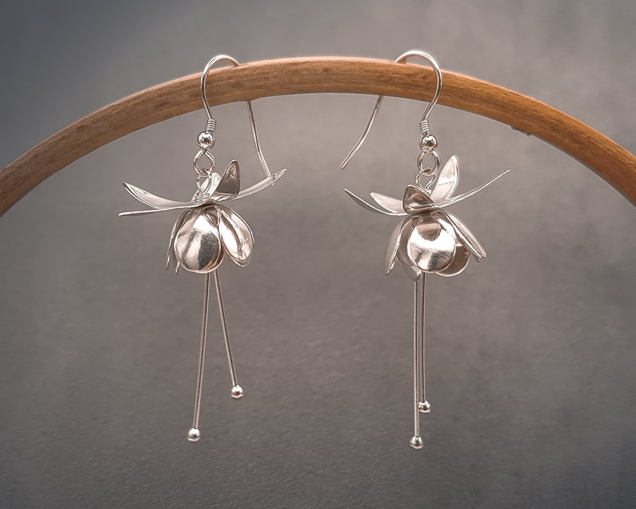 Handmade fine Silver fuschia flower dangle earrings