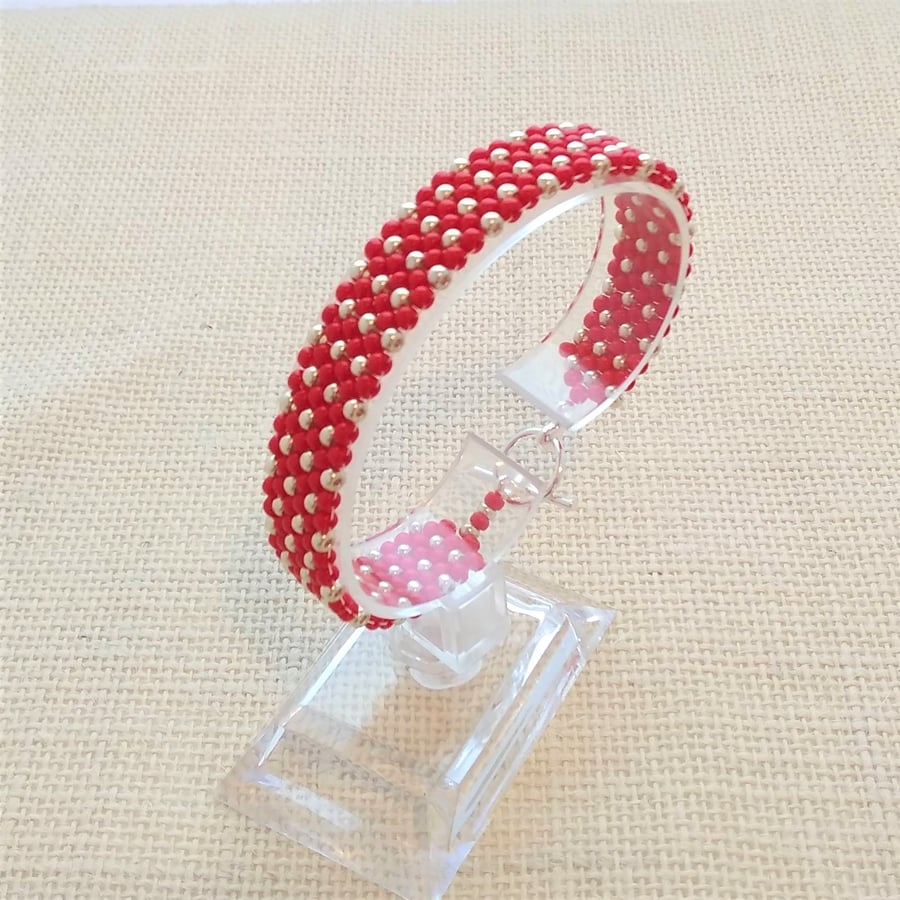 Red and Silver Seed Beaded Bracelet