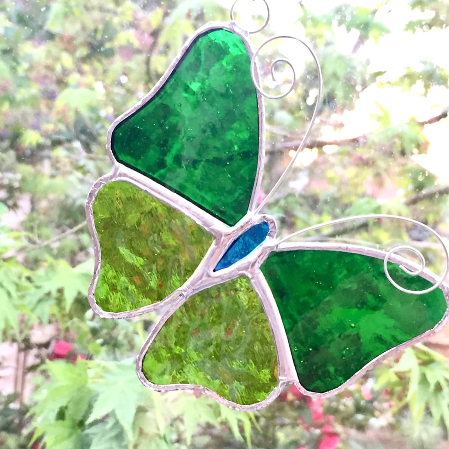 Stained Glass Butterfly Suncatcher - Handmade Decoration - Green Lime 