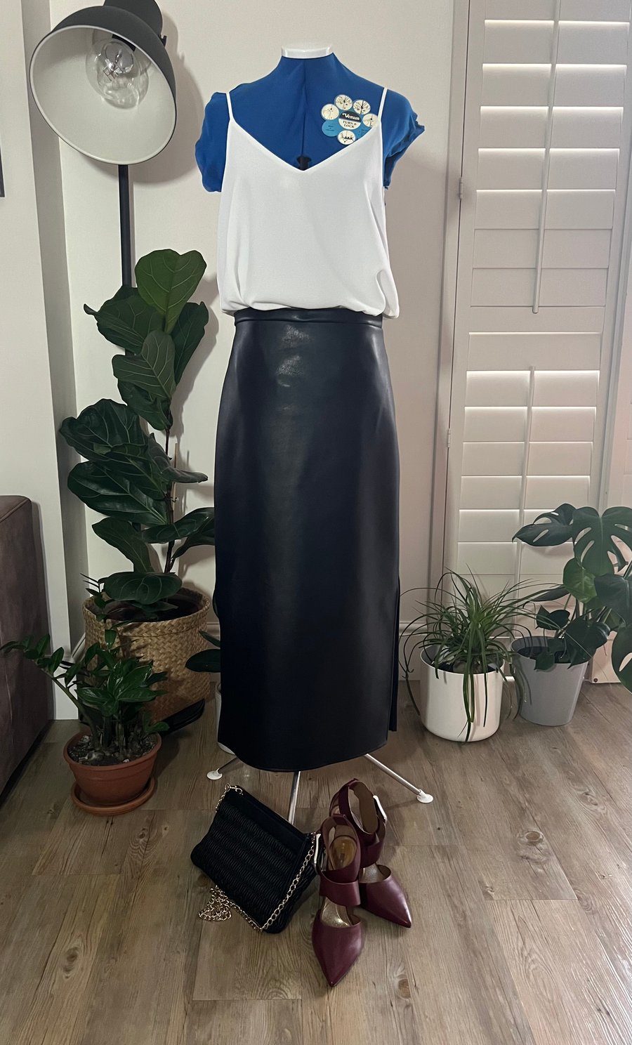 Black Vegan Leather Midi Skirt . Midi Skirt . Faux Leather . Seconds Sunday