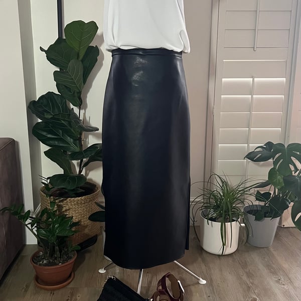 Black Vegan Leather Midi Skirt . Midi Skirt . Faux Leather . Seconds Sunday