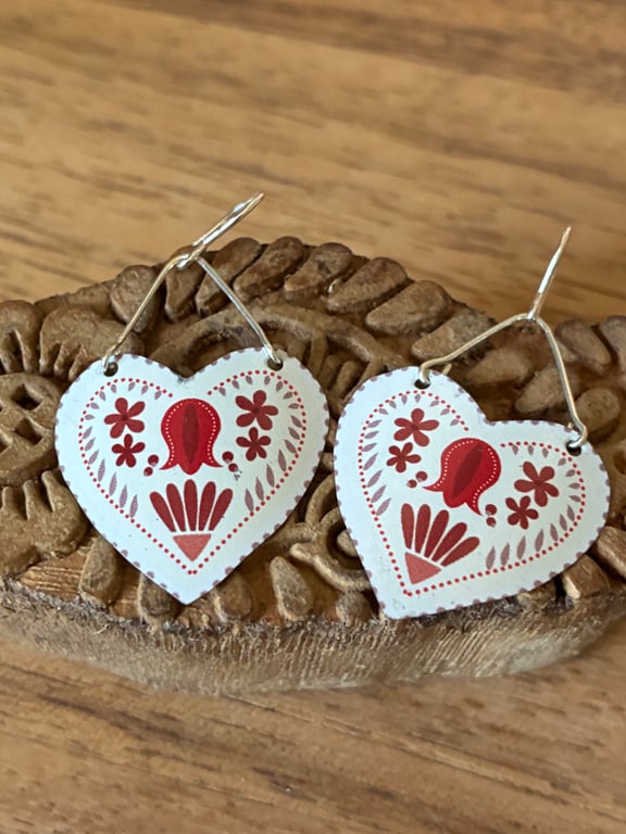 Folk heart earrings from recycled tin and silver (medium)