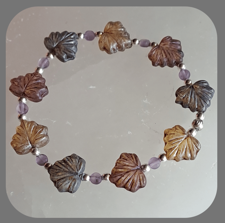  Czech glass, Amethyst and Sterling Silver Leaf bracelet