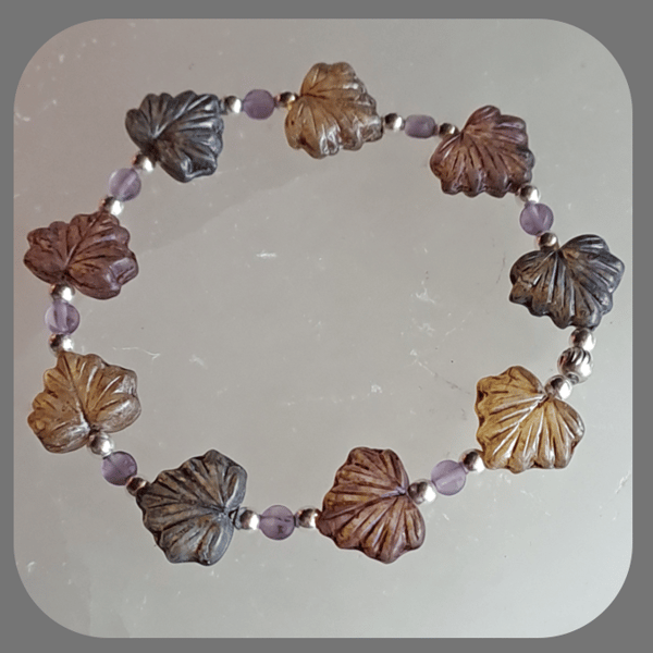  Czech glass, Amethyst and Sterling Silver Leaf bracelet