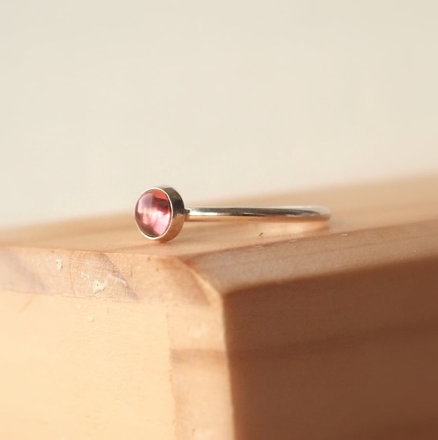 Tourmaline Pink Silver Stacking Ring, October Birthstone Ring