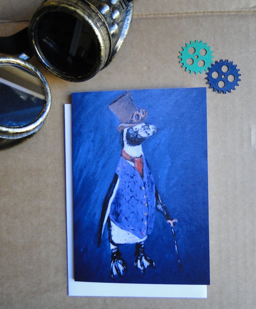 Steampunk Penguin Greeting Card From my Original Art Acrylic Painting