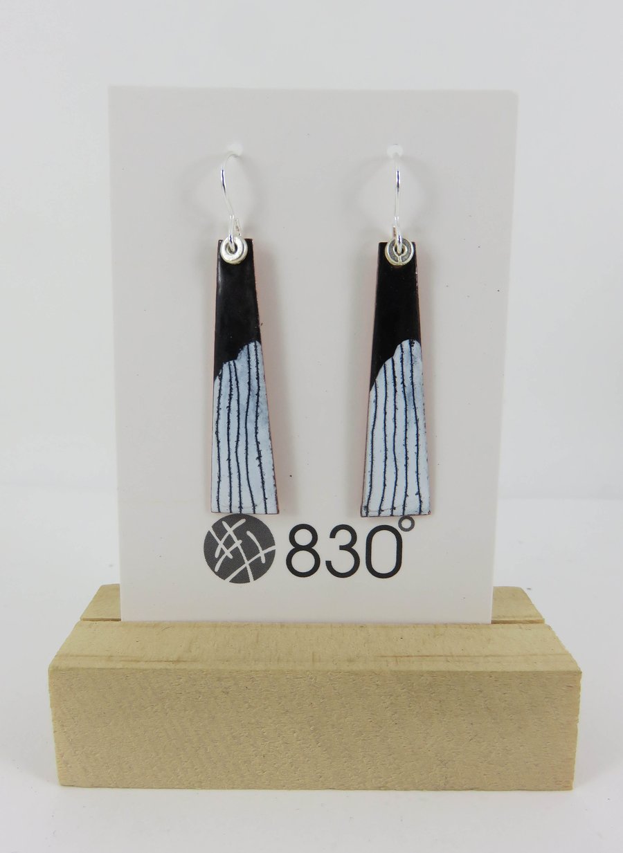 Black and White Dangle Copper Enamel Earrings with Hand Drawn Detail