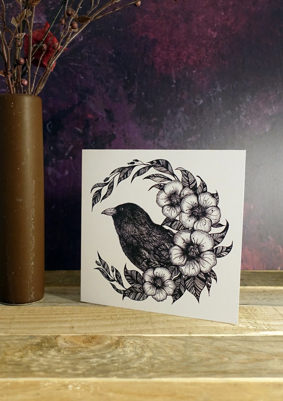 Raven, Crow, Illustration, Square Greeting Card, Botanical, Gothic, Wicca