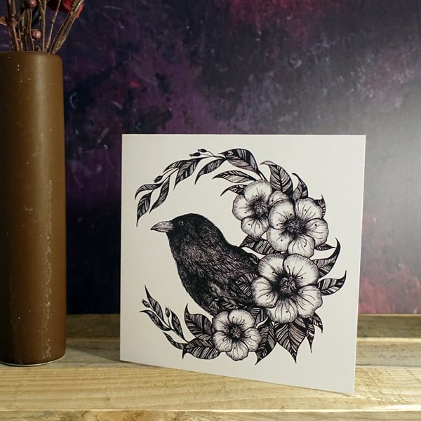 Raven, Crow, Illustration, Square Greeting Card, Botanical, Gothic, Wicca