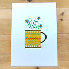 A5 folk art painting of yellow mug and flowers for whimsical cottage core décor