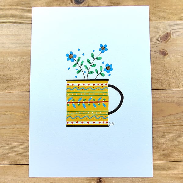 A5 folk art painting of yellow mug and flowers for whimsical cottage core décor