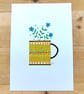 A5 folk art painting of yellow mug and flowers for whimsical cottage core décor