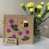 Birthday card. Purple flowers with a bee. Wool felt. Handmade Card.