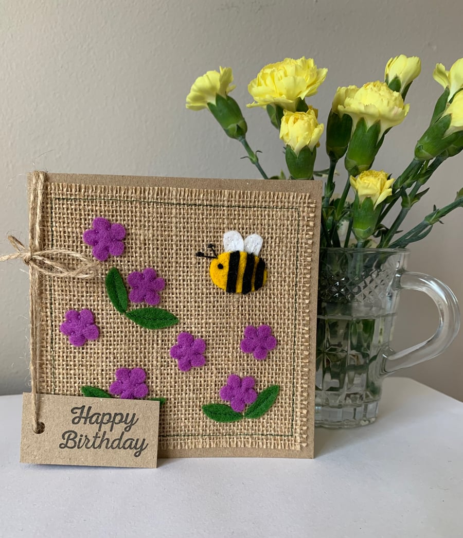 Birthday card. Purple flowers with a bee. Wool felt. Handmade Card.