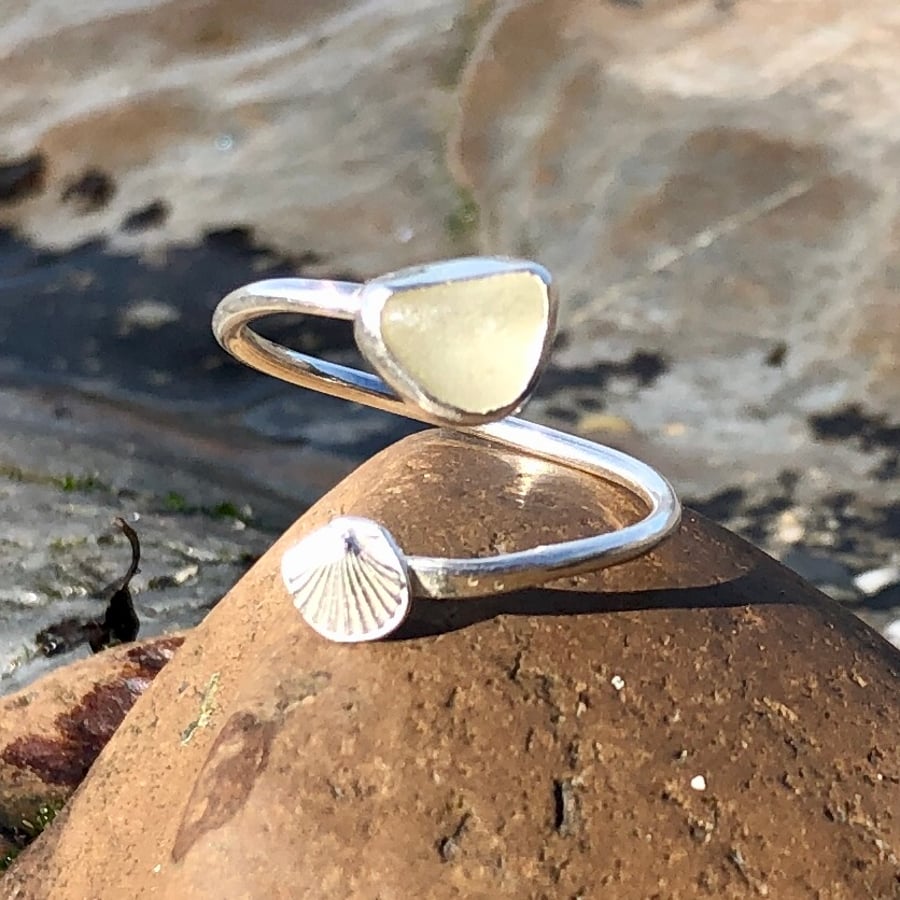 White Sea Glass and Sterling Silver Spiral Adjustable Ring - 1148