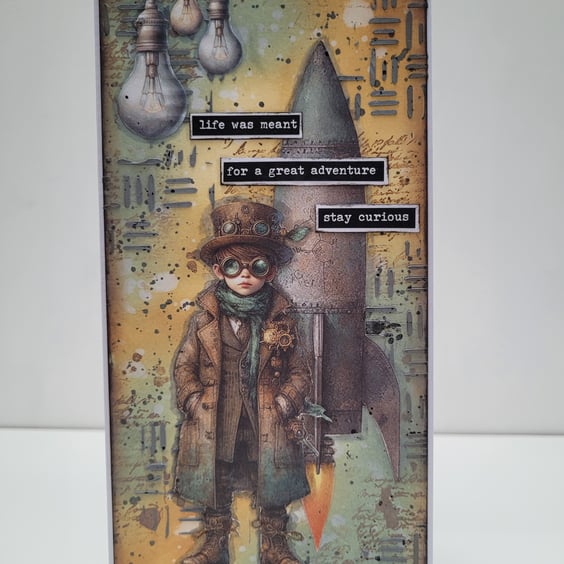 Industrial Themed Mixed Media Art Card - Little Boy with Rocket