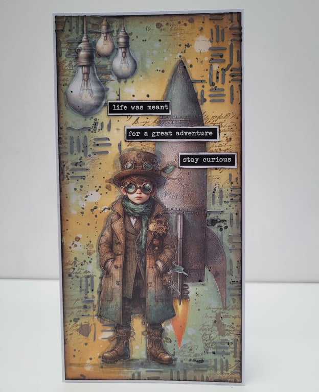 Industrial Themed Mixed Media Art Card - Little Boy with Rocket