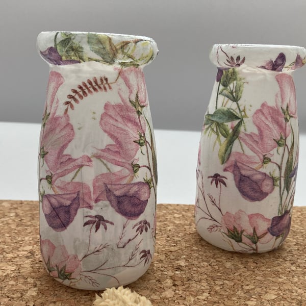 Glass Decoupaged small bud vase with Sweetpeas