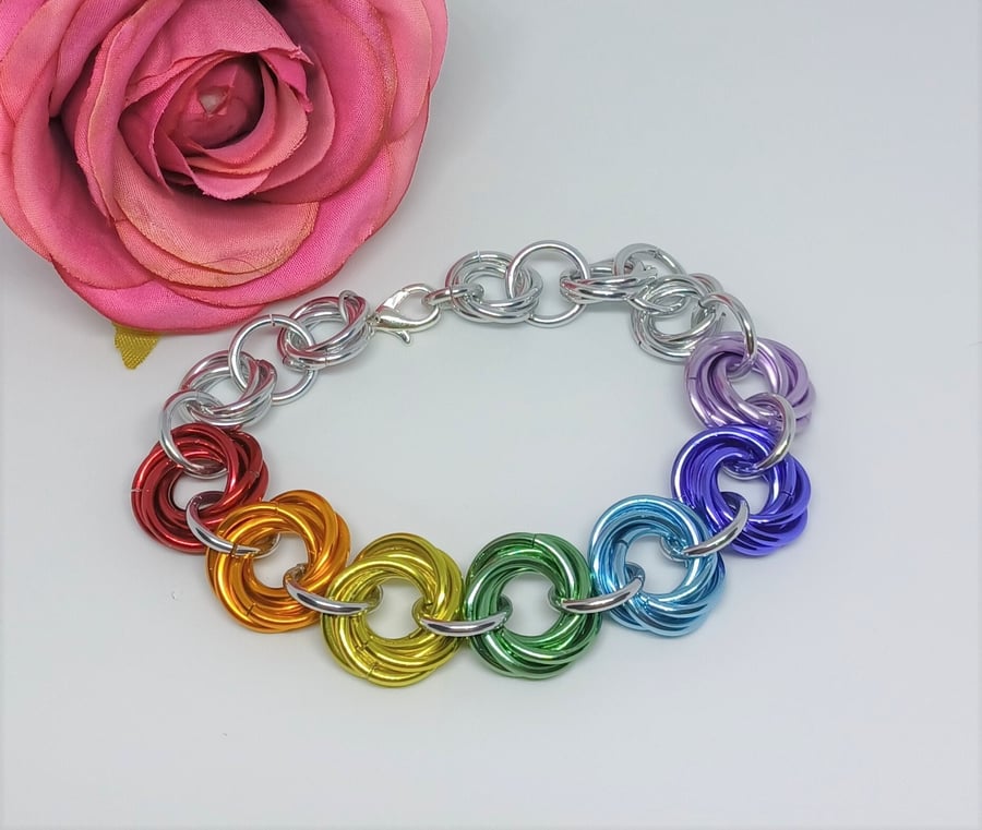 Rainbow Anodized Aluminium Mobius Rose Chainmaille Bracelet, LGBTQ Jewellery, Pr