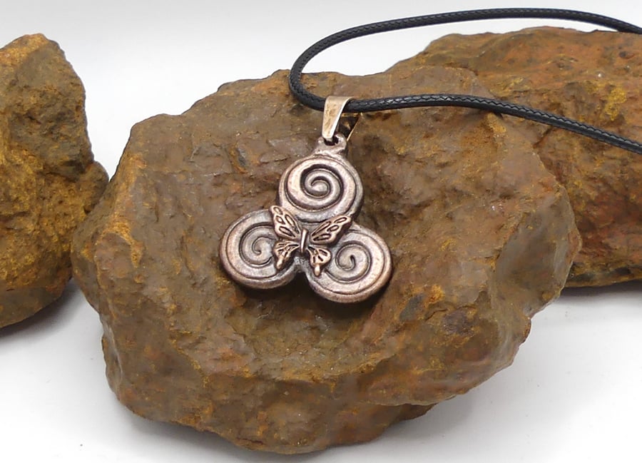 Recycled Copper Triskele Pendant with Butterfly in Centre, Necklace.