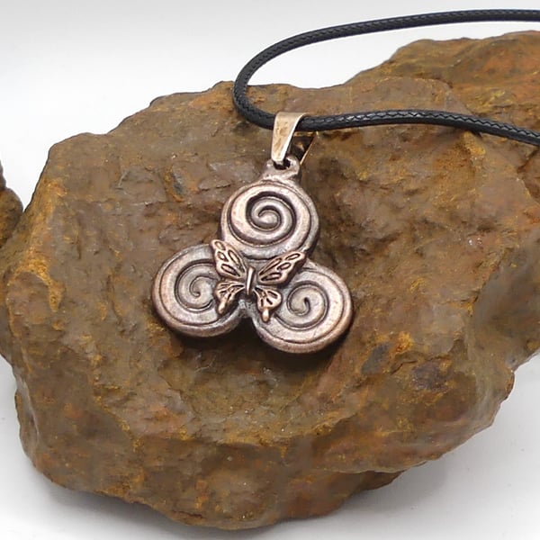 Recycled Copper Triskele Pendant with Butterfly in Centre, Necklace.