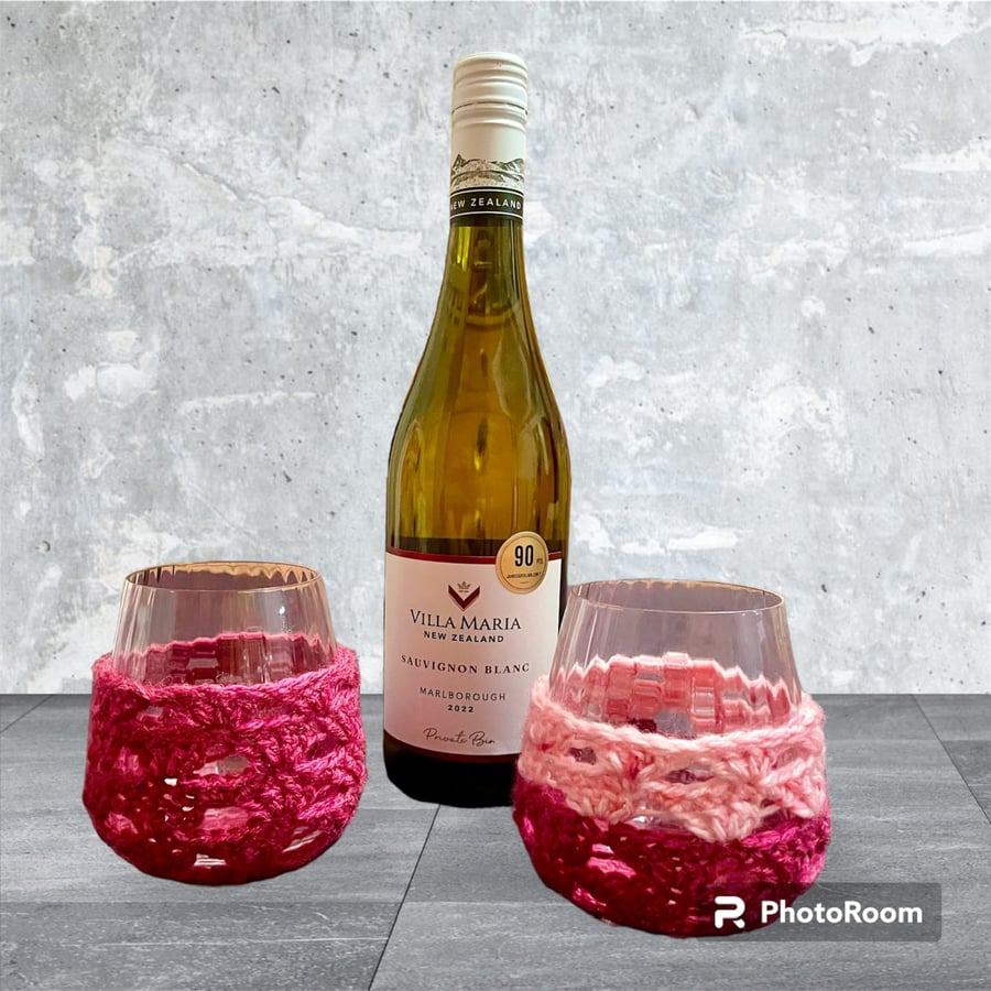 Set of 2 Stemless Wine Glass Cosies, Wine Glass Cosy, Mother’s Day, Valentine