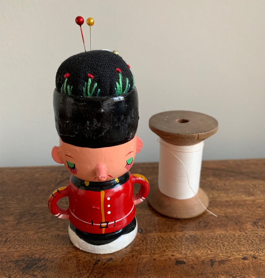 Wooden soldier egg cup embroidered pincushion