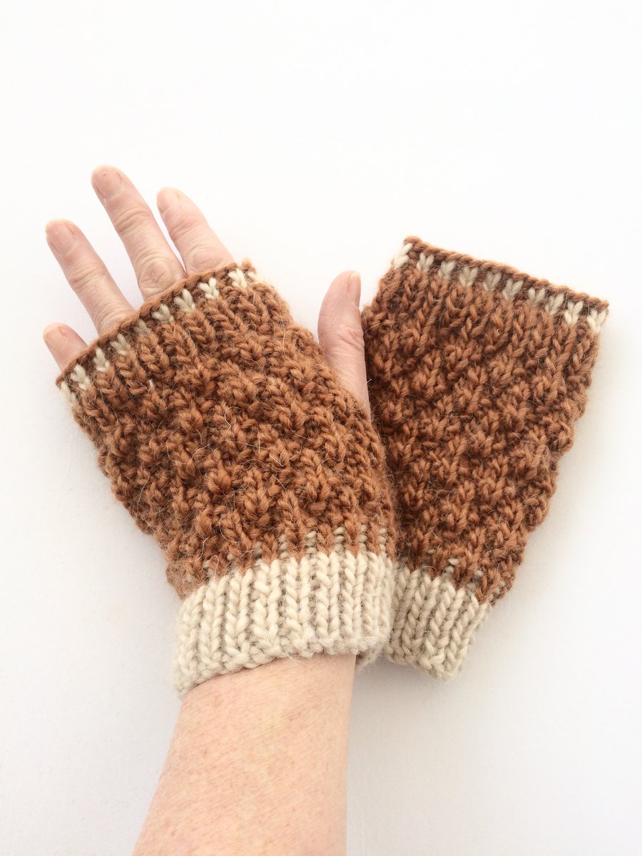 Copper brown Fingerless gloves with cream trim