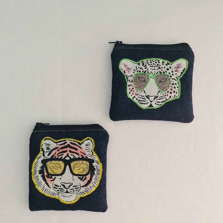 Denim Coin and Card Purse With Appliqued Tiger 