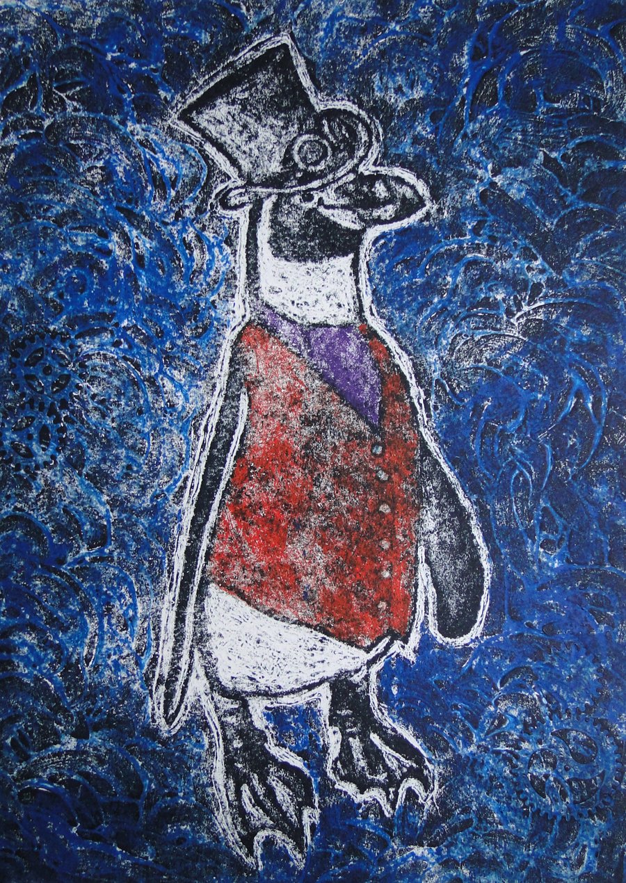 Steampunk Penguin Limited Edition Original Collagraph Print Art 