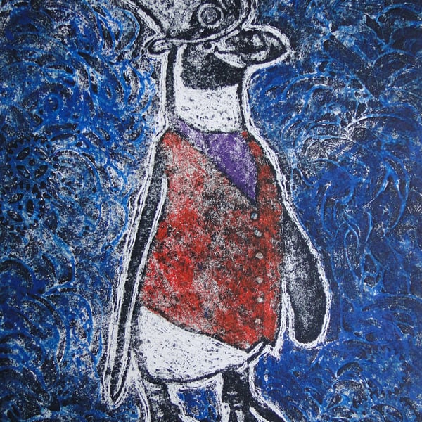 Steampunk Penguin Limited Edition Original Collagraph Print Art 