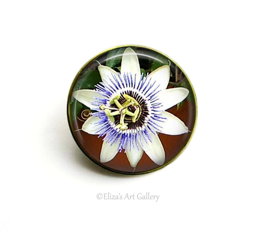 Gold Tone Passion Flower Photo Brooch