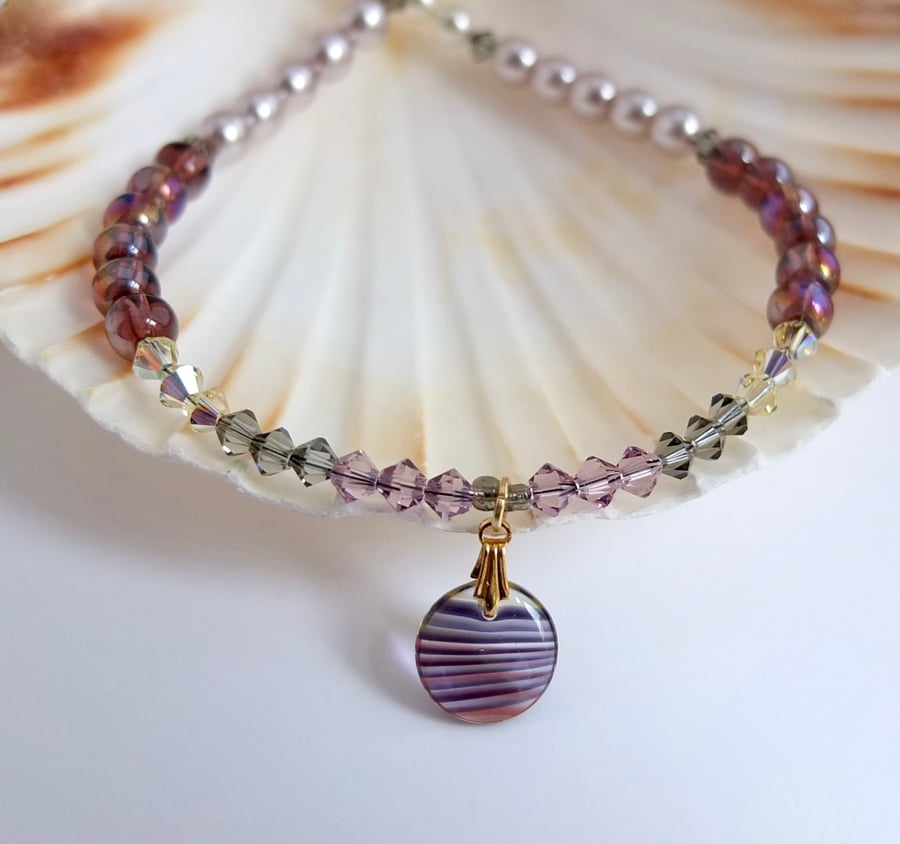 Swarovski Crystal and Czech Glass Pearl Necklace with Purple Striped Disc Charm.
