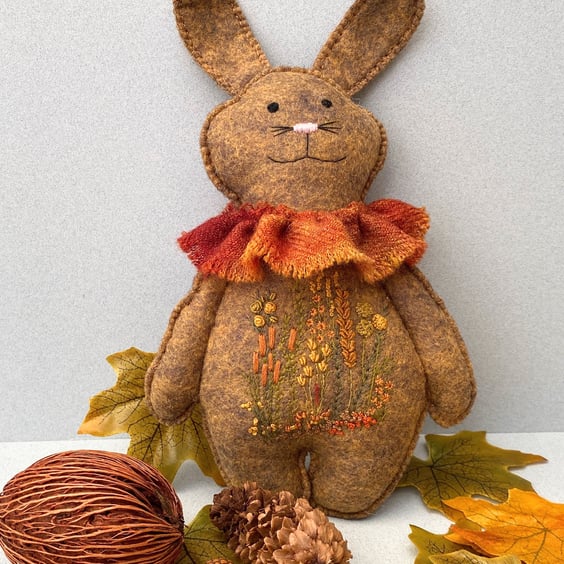 Rabbit, woodland bunny, hand embroidered felt animal doll, wall decor