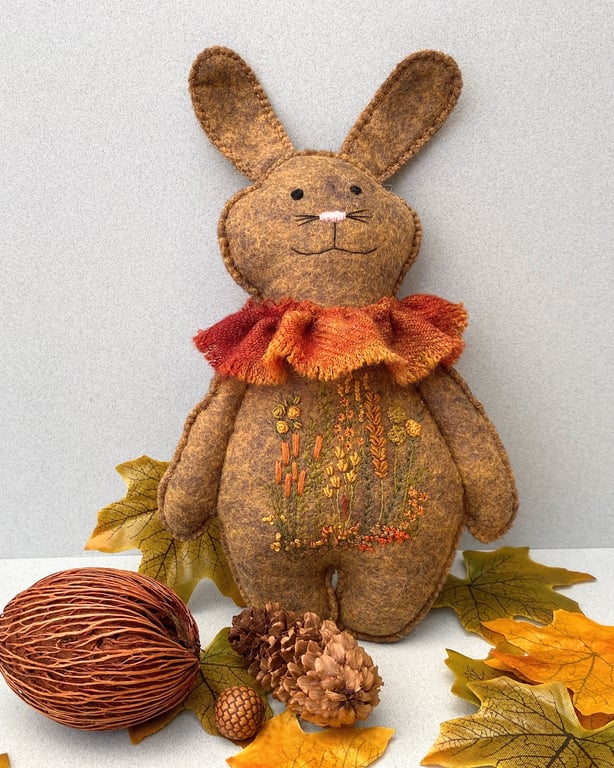 Rabbit, woodland bunny, hand embroidered felt animal doll, wall decor
