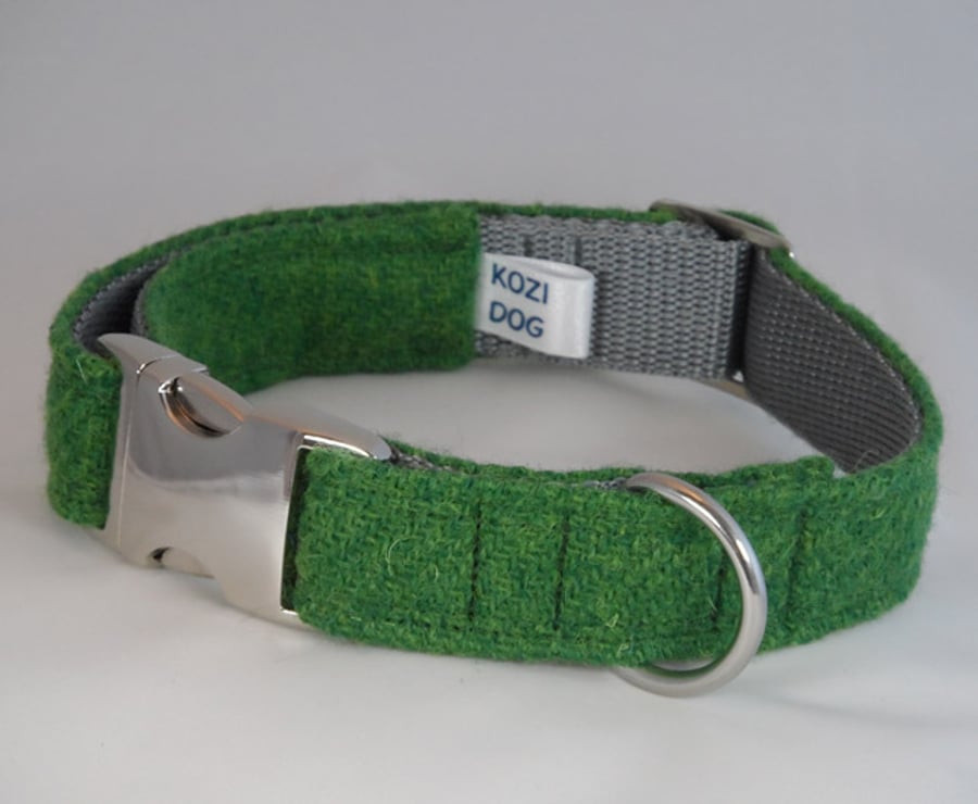 Handmade Harris Tweed Dog Collar - Plain Green 
