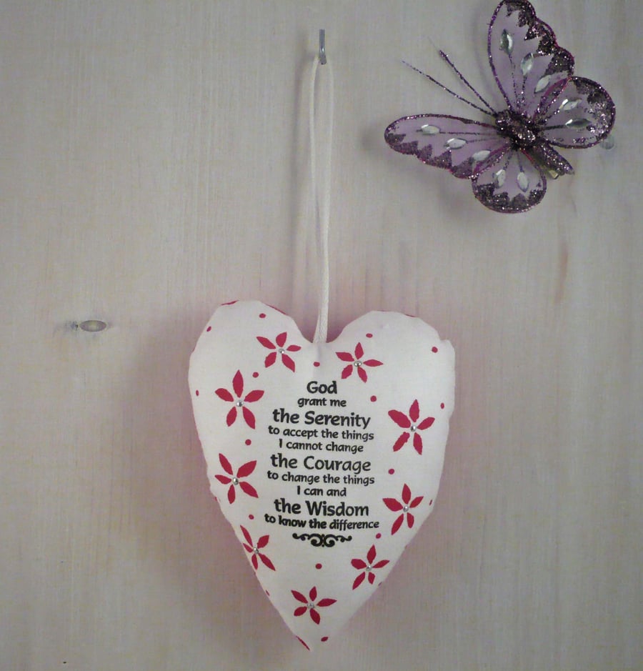 'Serenity Prayer'  Hanging Heart with Pink flowers